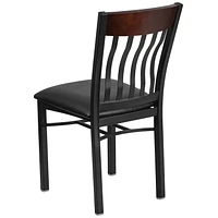 Lot de 2 pièces - Chaise de restaurant de la série Eclipse en métal noir et bois de noyer avec dossier vertical et siège en vinyle noir