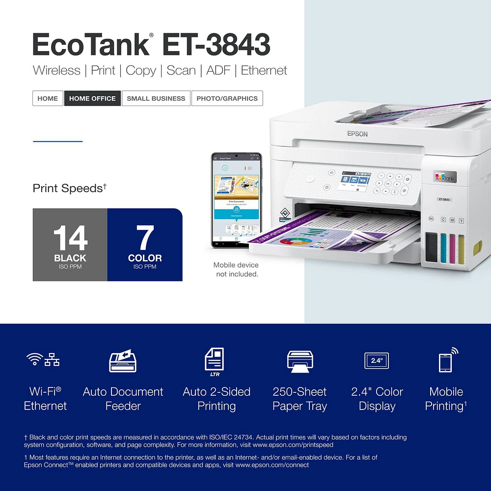 Imprimante couleur tout-en-un sans fil et sans cartouche Epson EcoTank ET-3843 à réservoirs d’encre géants EcoTank ET-3843
