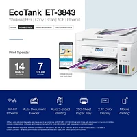 Imprimante couleur tout-en-un sans fil et sans cartouche Epson EcoTank ET-3843 à réservoirs d’encre géants EcoTank ET-3843