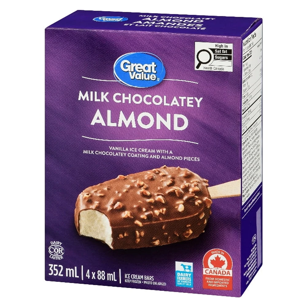 Barres de crème glacée Great Value à saveur du lait chocolaté aux amandes 4 x 88 ml
