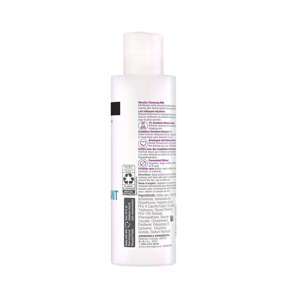 Neutrogena Make-up Melting Micellar Cleansing Milk - Makeup Remover - Vitamins & Emollients - Sensitive Skin – Fragrance Free, 198 mL