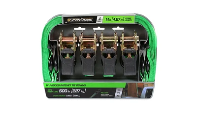 14' 1500 lb Padded Ratchet Tie Down 4 Pk Green, Pack of 4