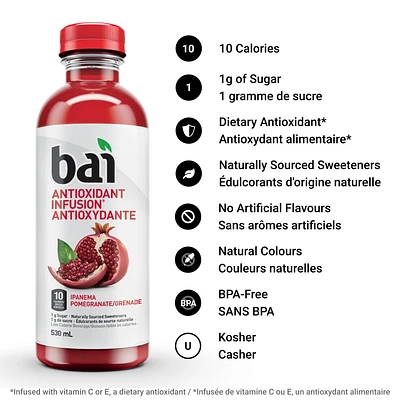 Bai Antioxidant Infusion Low Calorie Beverage, Ipanema Pomegranate, 530mL, 530 mL