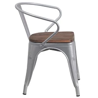 Lot de 4 - Chaise en métal argenté avec siège et accoudoirs en bois