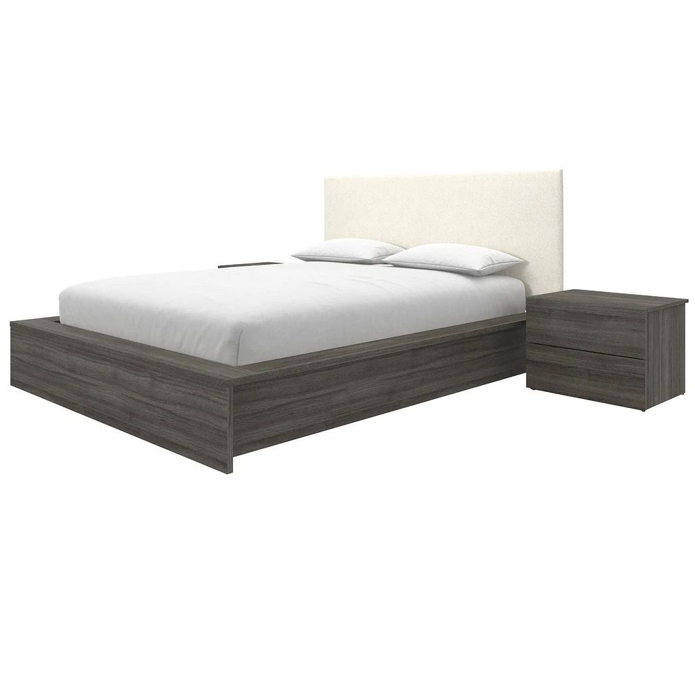 Ensemble de chambre à coucher Jane 4 pièces avec lit queen size, tête de lit rembourrée et 2 tables de chevet