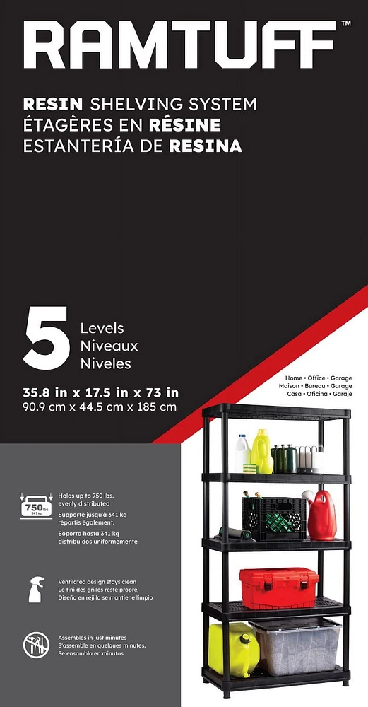 Ramtuff  5-Levels Plastic Shelving System 18'' x 36'' x 73", 5-Level resin Shelving
