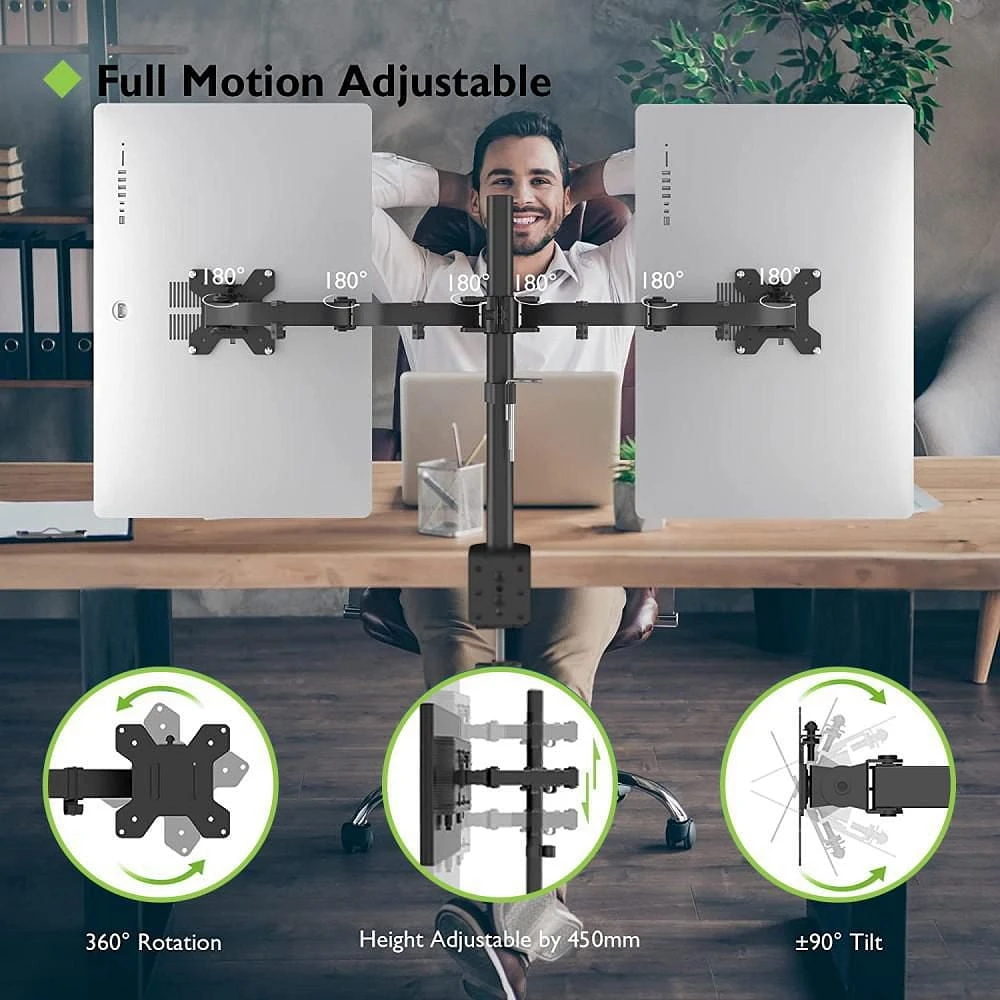 Techly Support de bureau à double moniteur à mouvement complet de 13" à 27" Inclinaison +/-90° Capacité de charge jusqu'à 10 kg x 2 VESA jusqu'à 100x100 mm, Noir