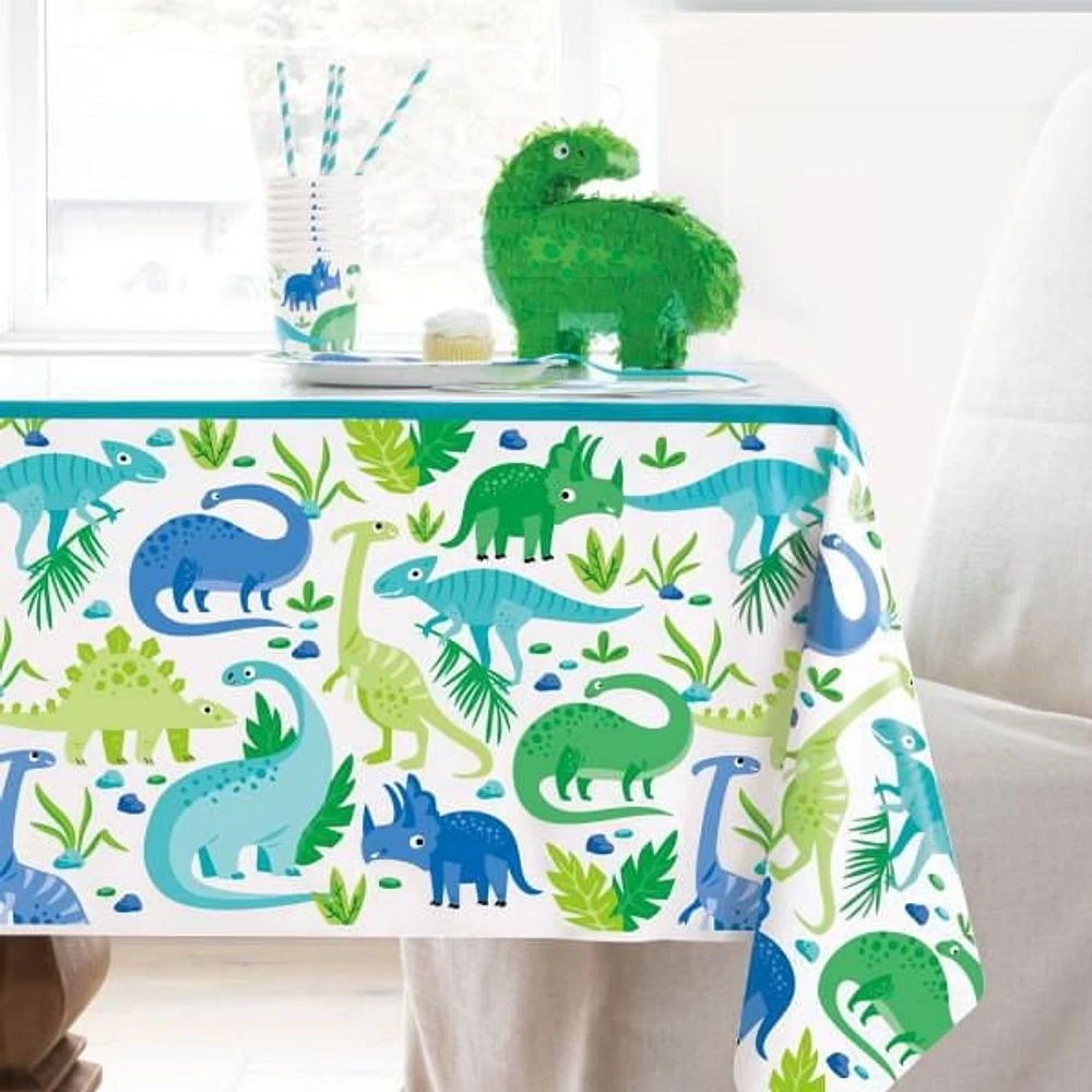 Nappe de table en plastique dinosaure bleu et vert, 54"x84"