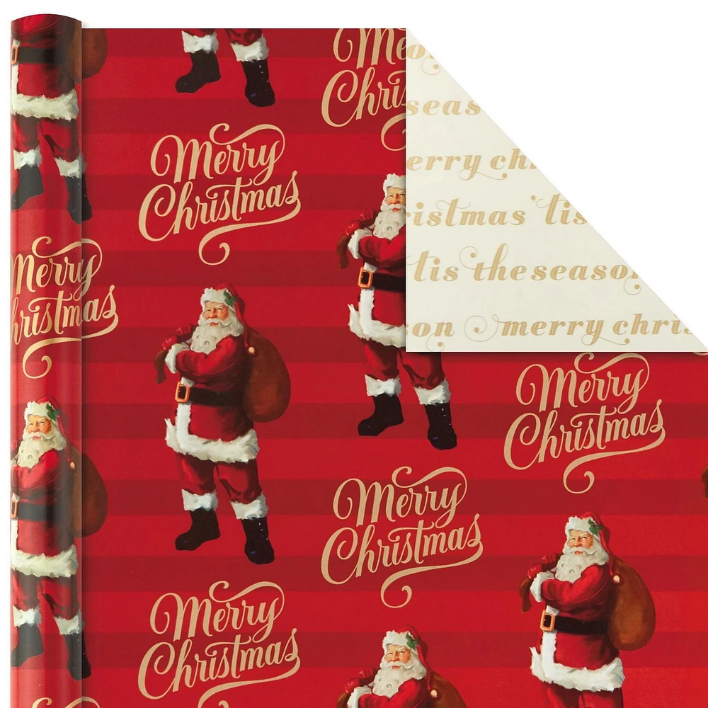 Papier d'emballage réversible de Noël, Hallmark, père Noël classique (Paquet de 3 rouleaux : 120 pieds carrés au total) flocons de neige rouges et or, rayures, motif écossais, traîneau du père Noël