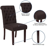 2 Pk. HERCULES Series Brown Fabric Parsons Chair with Rolled Back, Accent Nail Trim and Walnut Finish