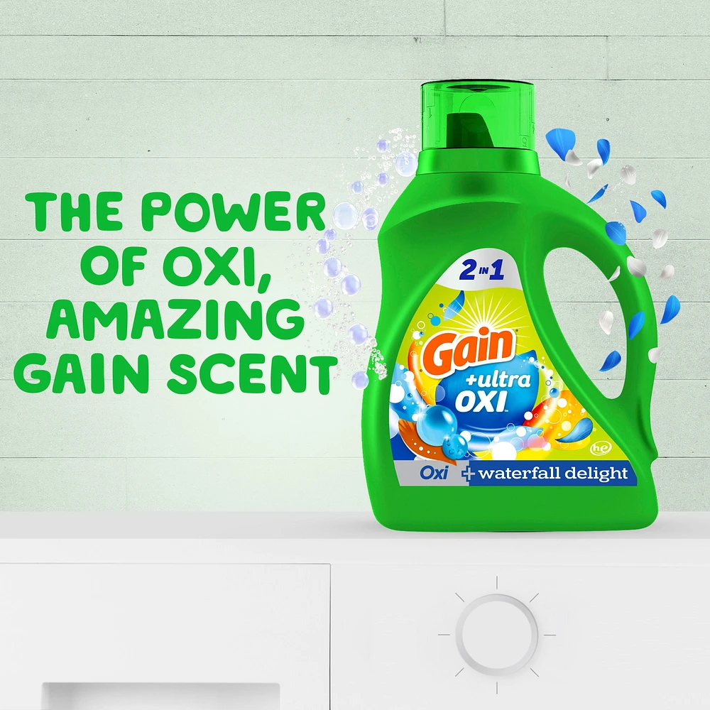 Détergent à lessive liquide Gain Ultra Oxi, parfum Cascade vivifiante, 2 en 1, compatible avec les laveuses HE 2,6 L