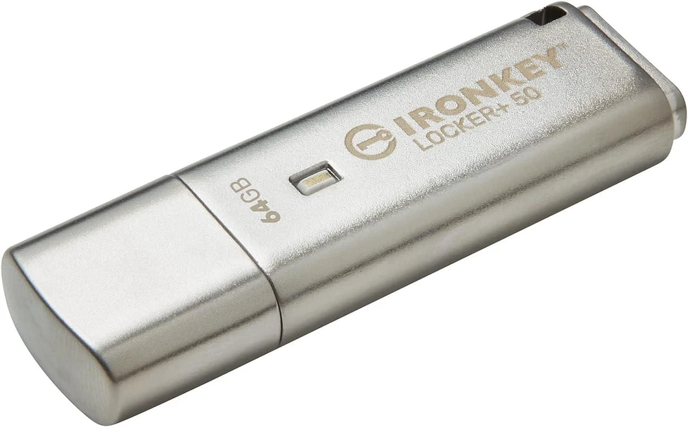 Kingston Ironkey Locker+ 50 Clé USB cryptée 64 Go | USB 3.2 Gen 1 | Protection XTS-AES | Options de sécurité multi-mots de passe | Sauvegarde automatique dans le cloud | Boîtier en métal | IKLP50/64 G