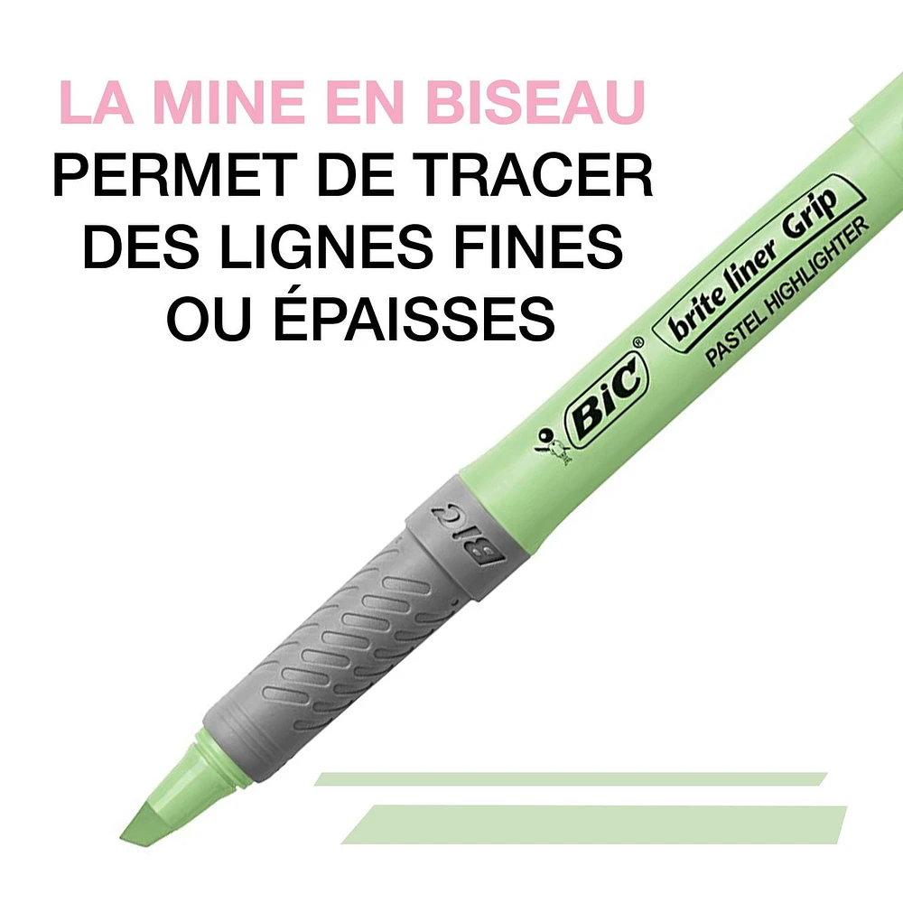 Ensemble de surligneurs pastel à grip BIC Brite Liner, pointe biseautée, paquet de 6 surligneurs pastel de couleurs assorties, jolis surligneurs pour la rédaction de carnets, la prise de notes, etc. Paquet de 6