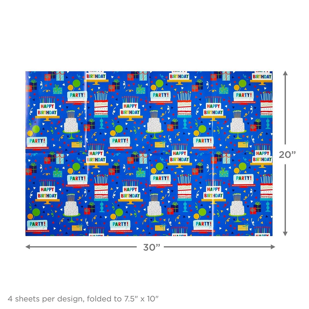 Hallmark Flat Birthday Wrapping Paper Sheets with Cutlines on Reverse (12 Folded Sheets with Sticker Seals) Happy Birthday, Red Confetti, Blue with Cakes