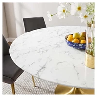 Sleek and Glamorous Damen Brass Faux Marble (Stone) Dining Table, – A Luxurious Blend of Modern Elegance and Timeless Design, Featuring a Stunning Brass Finish and Faux Marble Top