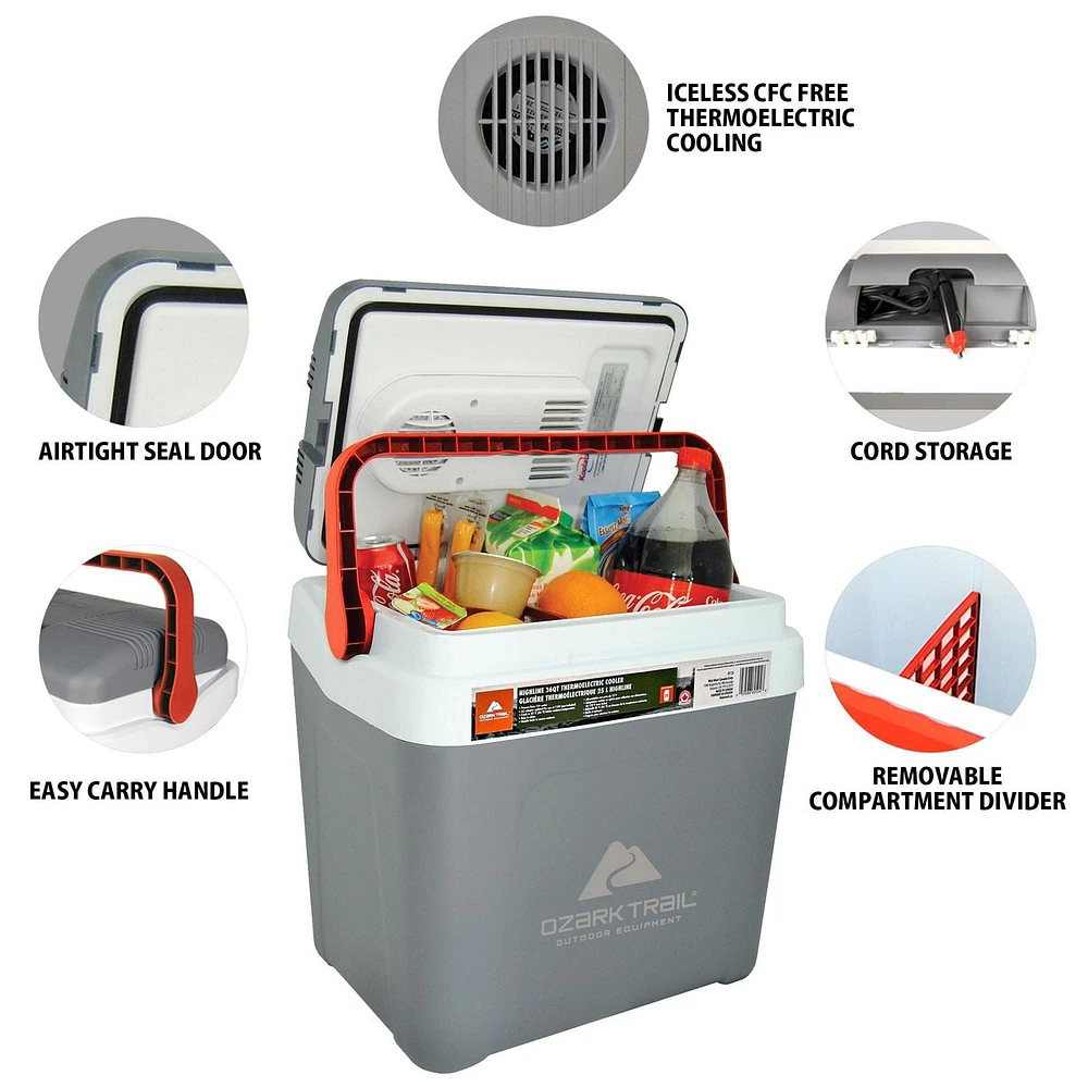 Glacière thermoélectrique Ozark Trail 26 pintes, glacière de voyage portable, Highline 12 V sans glace 30 canettes, gris