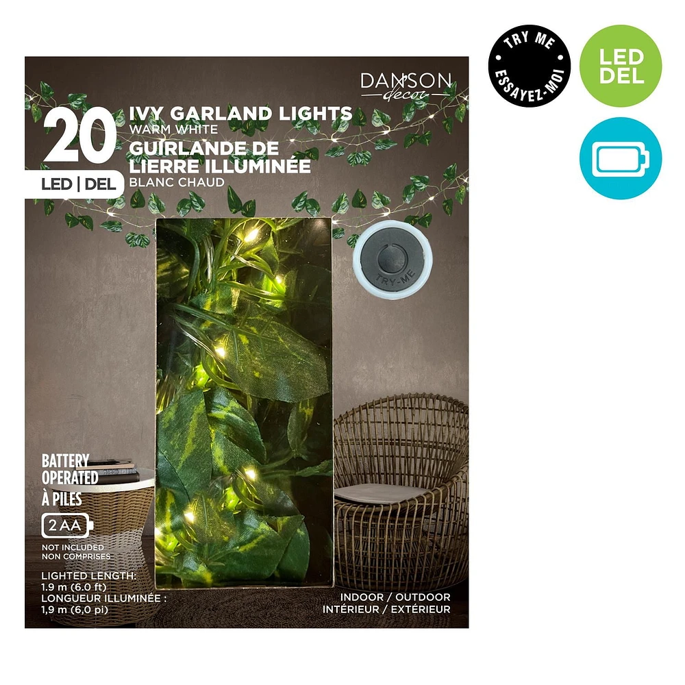 Danson Decor, Prelit Battery Operated Ivy Leaf Garland, 20L Microdot LED - 6 units
