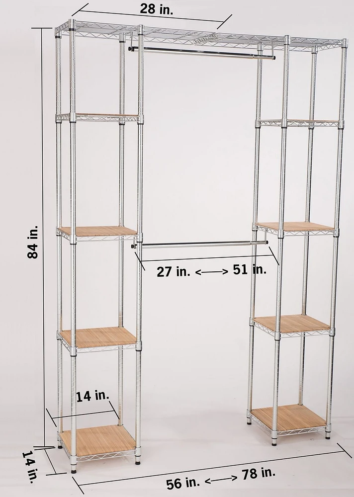 Rangement extensible pour placard TRINITY EcoStorage | 142 à 198 cm de larg. x 35 cm de prof. X 213 cm de haut. (56 à 78 po de larg. x 14 po de prof. x 84 po de haut.) | Chrome