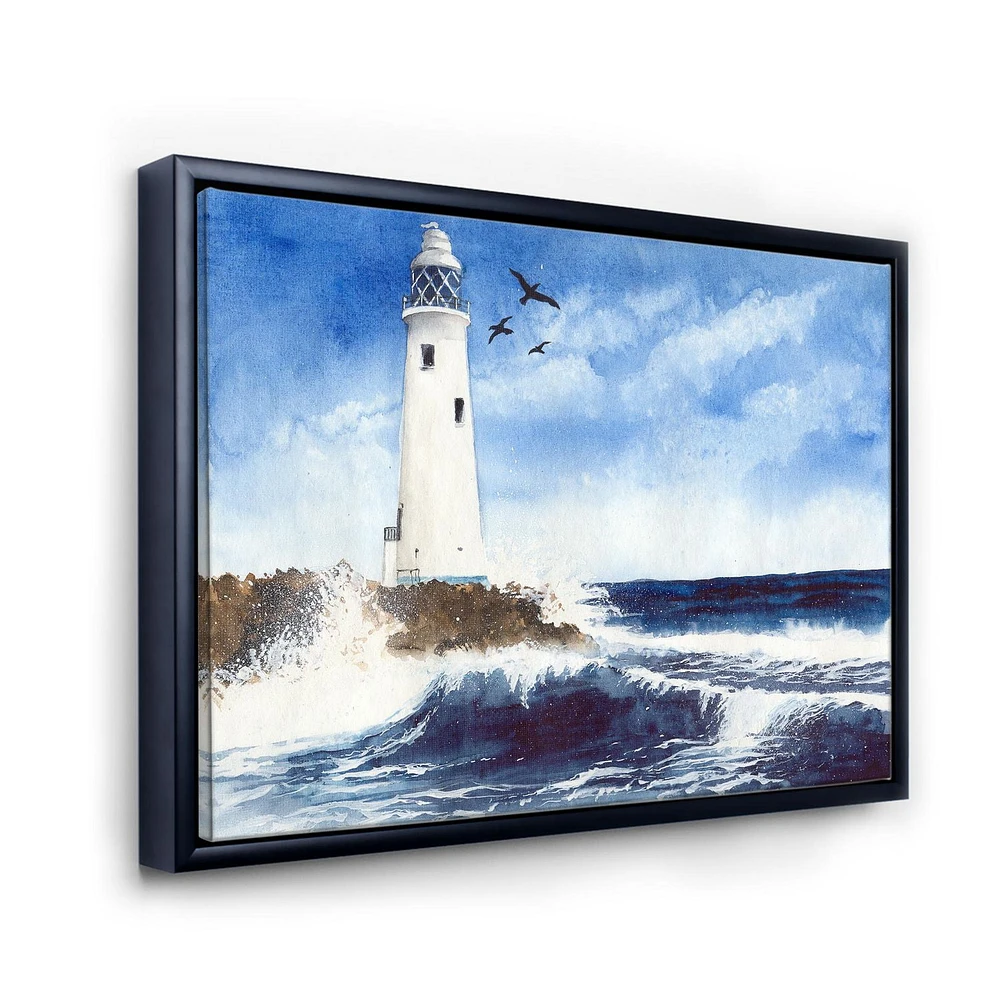 Designart Phare sur l'île rocheuse avec des mouettes ART MURAL À CADRE FLOTTÉ