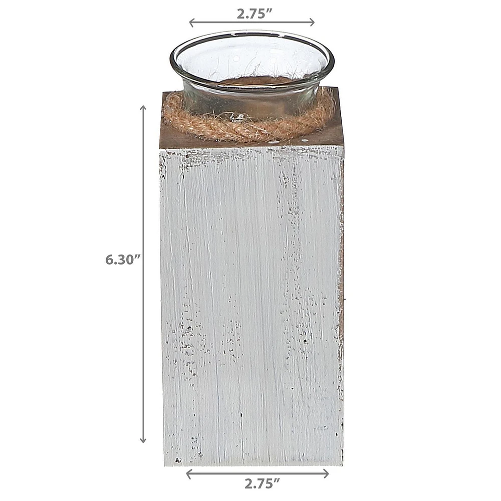 IH Casa Decor White Wooden Tealight Candle Holder With Rope 6.30"