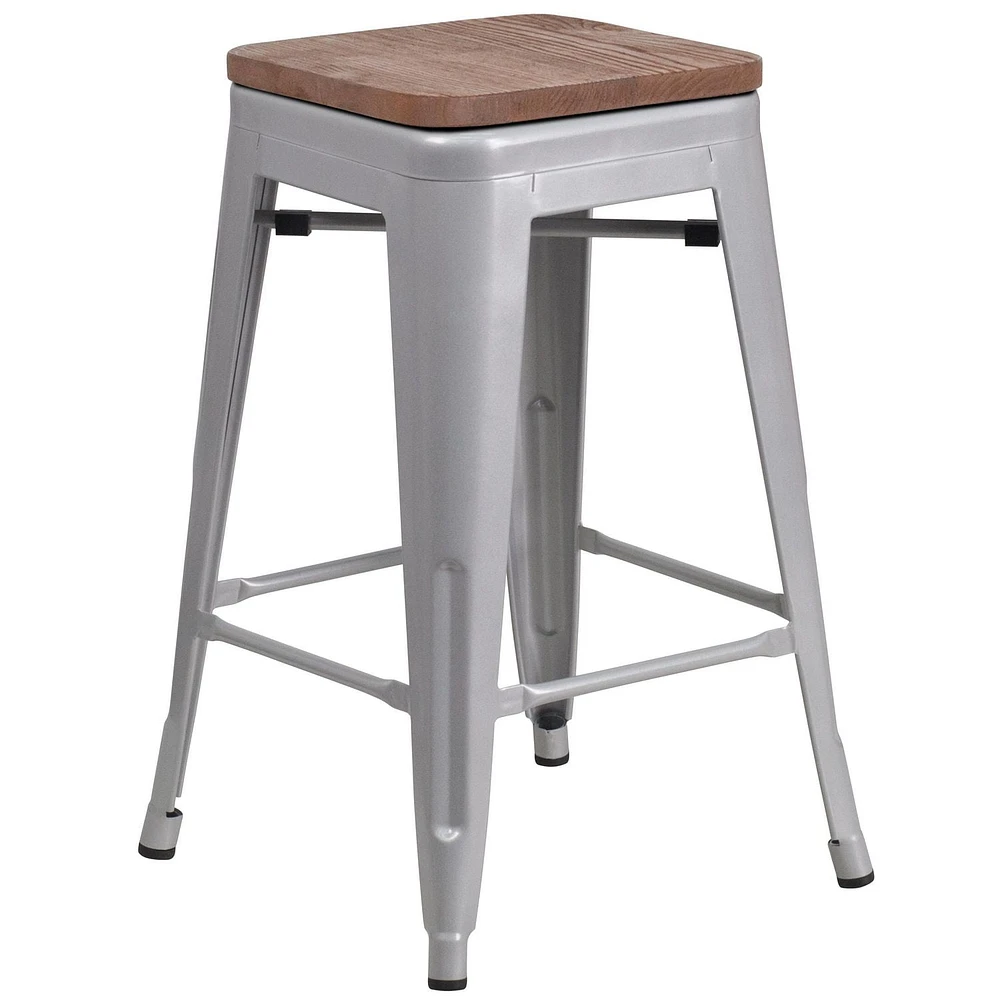 4 Pk. 24" High Backless Silver Metal Counter Height Stool with Square Wood Seat