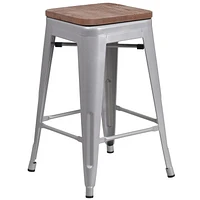 4 Pk. 24" High Backless Silver Metal Counter Height Stool with Square Wood Seat
