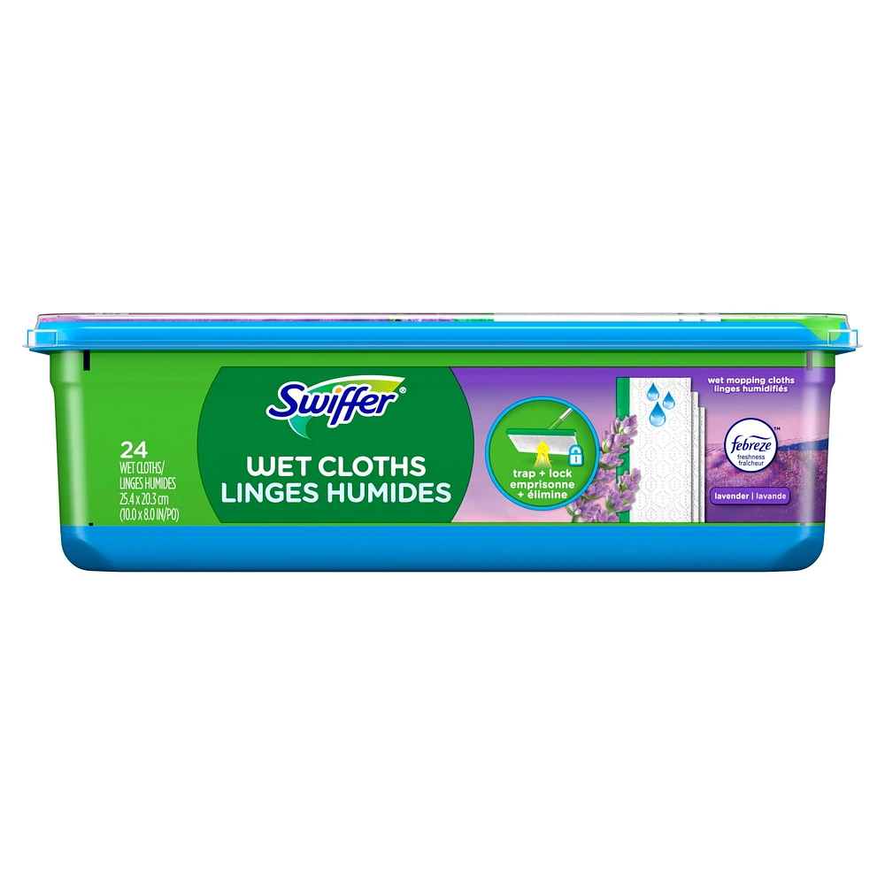 Recharges de linges humides pour balai Swiffer pour balayer et nettoyer les planchers, nettoyant pour planchers multi-surfaces avec fraîcheur Febreze, parfum Lavande, 24unités 24CT