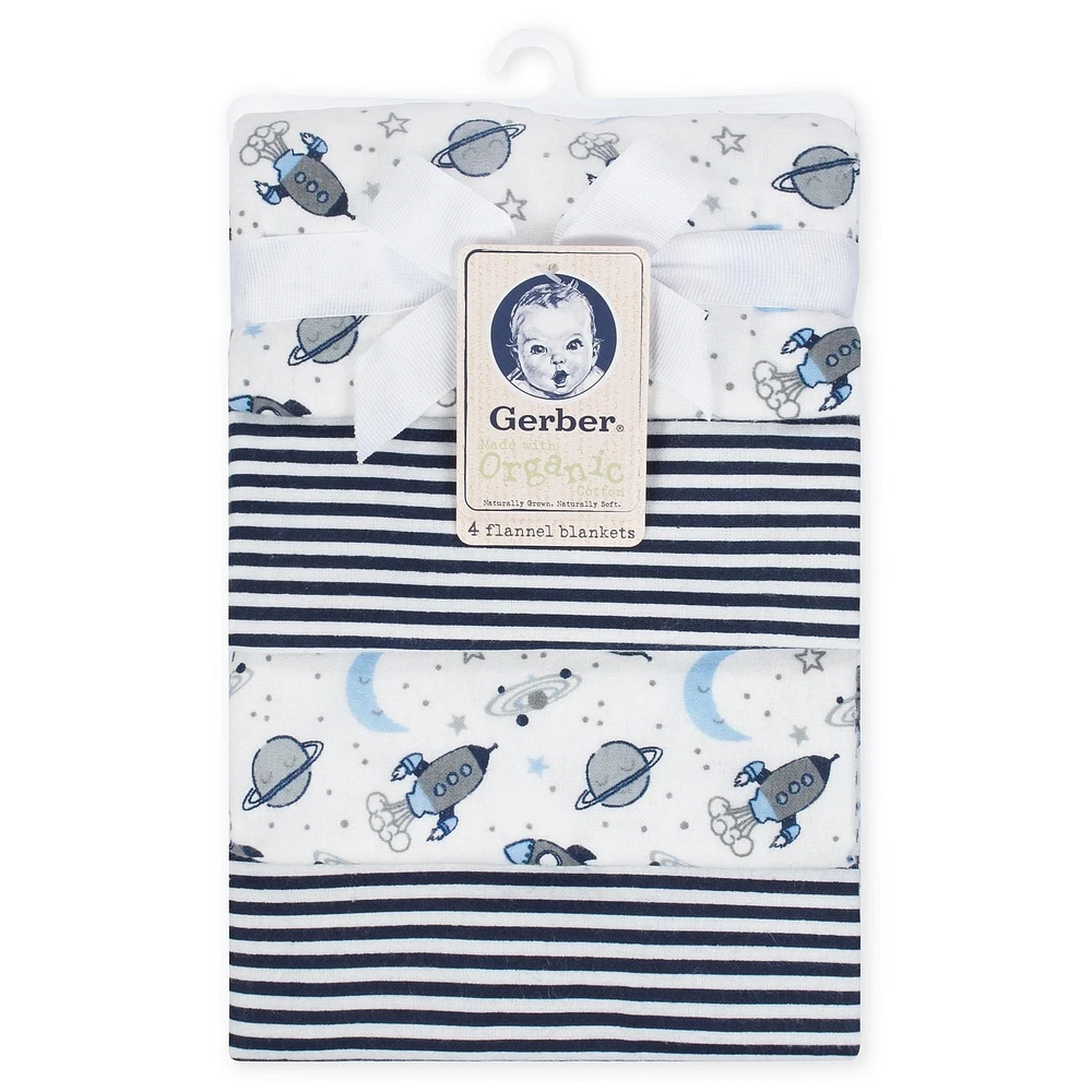 Gerber Organic 4-Pack Flannel Blankets, Outerspace and Stripe