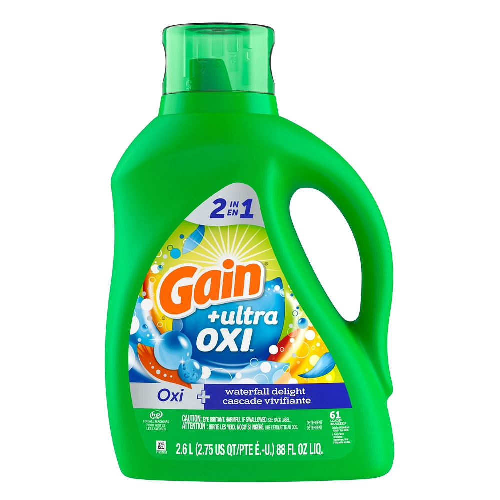 Détergent à lessive liquide Gain Ultra Oxi, parfum Cascade vivifiante, 2 en 1, compatible avec les laveuses HE 2,6 L