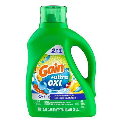 Détergent à lessive liquide Gain Ultra Oxi, parfum Cascade vivifiante, 2 en 1, compatible avec les laveuses HE 2,6 L