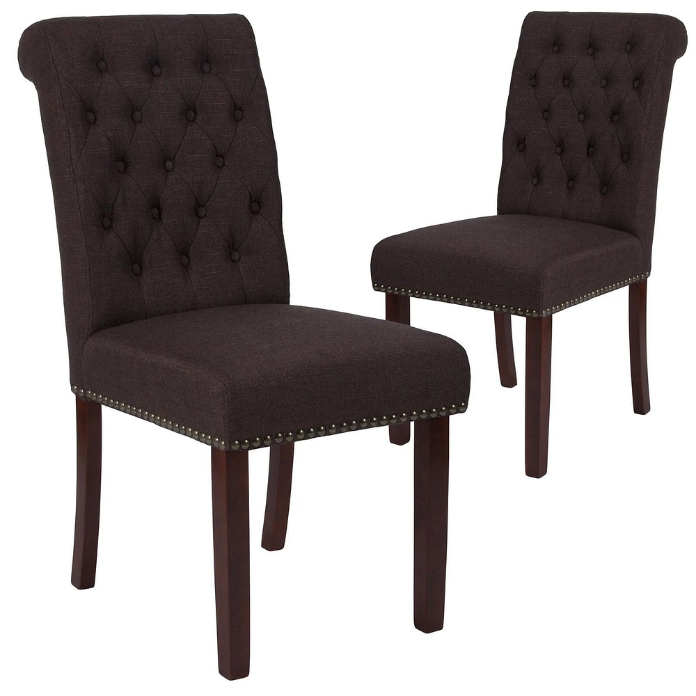 2 Pk. HERCULES Series Brown Fabric Parsons Chair with Rolled Back, Accent Nail Trim and Walnut Finish