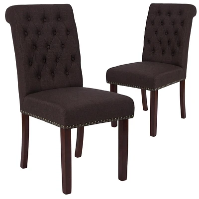 2 Pk. HERCULES Series Brown Fabric Parsons Chair with Rolled Back, Accent Nail Trim and Walnut Finish