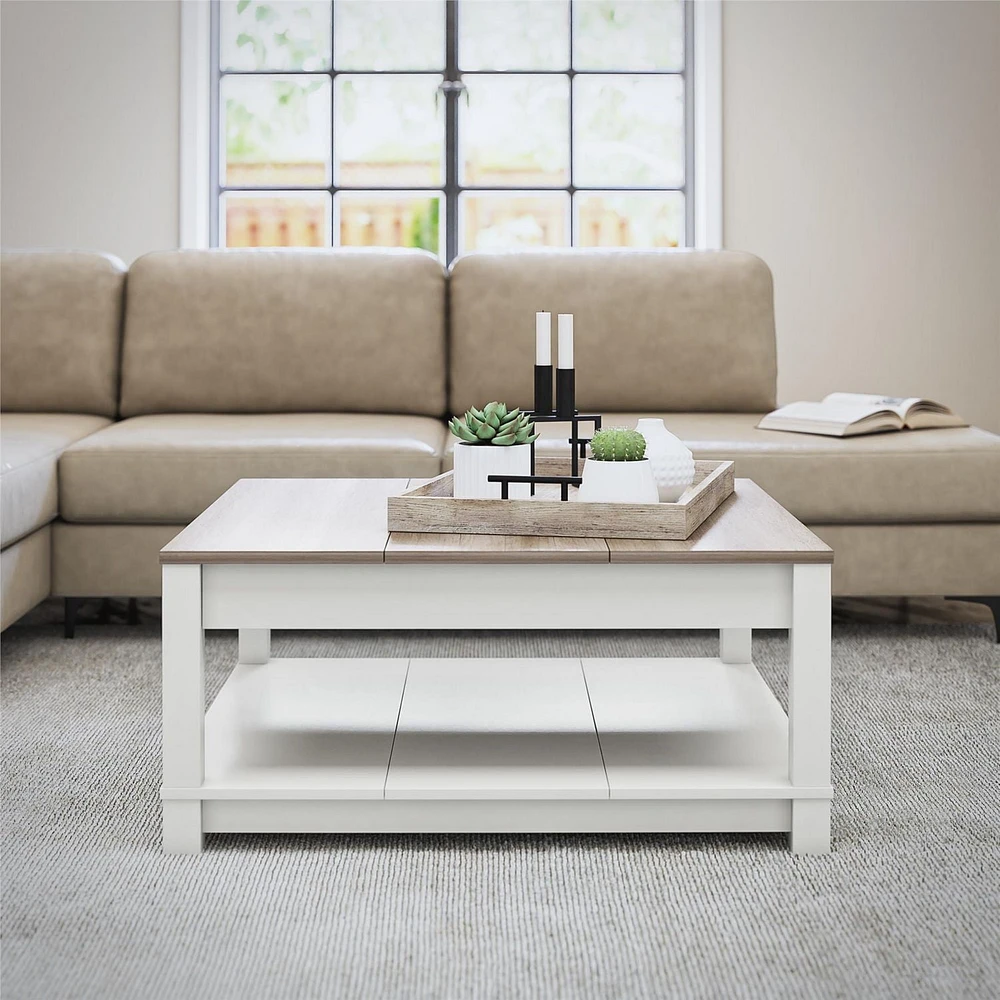 Ameriwood Home Chapel Hill Rustic Farmhouse Coffee Table, White with Brown Oak Top