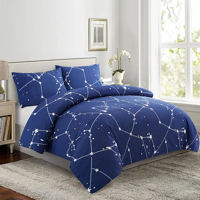 Literie Marina Décoration douce, soyeuse et riche en rayonne de bambou imprimée, toutes saisons, housse de couette, drap-housse, avec fermeture éclair et lien d'angle, motif astérisme bleu marine