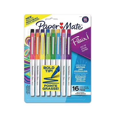 Stylos Paper Mate Flair, feutre, pointe audacieuse (1,2 mm), couleurs assorties, 16 unités