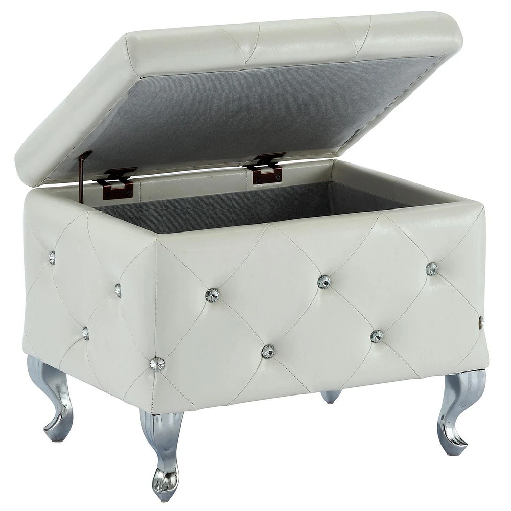 Ottomane de rangement contemporain en velours/metal, blanc