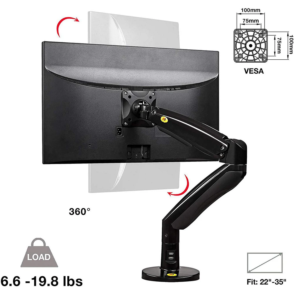 North Bayou 22"-35" Gas Strut Monitor Desktop Mount with USB Port - F100A