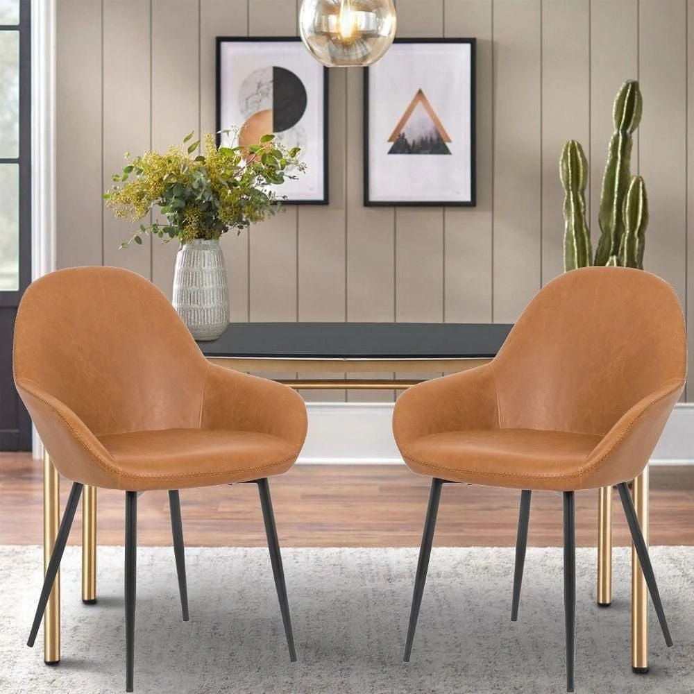 Burton Style Rembourré Faux Cuir Chaise de salle à manger en noir, Chaise de salle à manger PU, Métal Noir Jambes Set 2