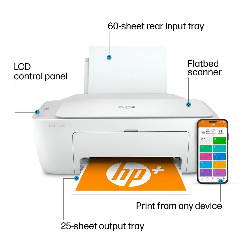 HP DeskJet 2752e All-in-One Printer w/ 3 months free ink through HP Plus, ‎Smartphone printing