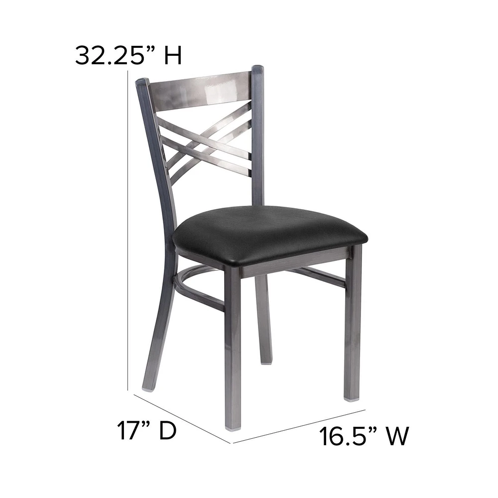 HERCULES Series Clear Coated ''X'' Back Metal Restaurant Chair - Black Vinyl Seat