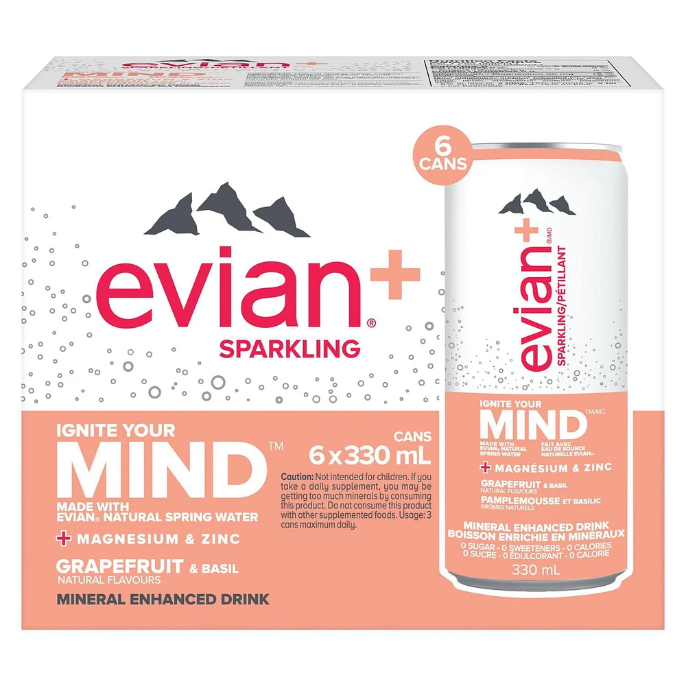 Evian+ Grapefruit Basil Sparkling Water, 330mL, 6 cans