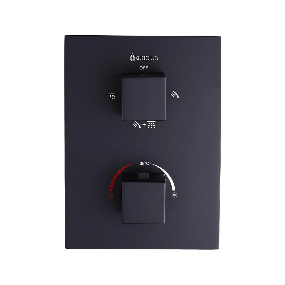 Valve thermostatique carrée 3 fonctions, pommeau, bec de bain ou simultanément, fini noir mat