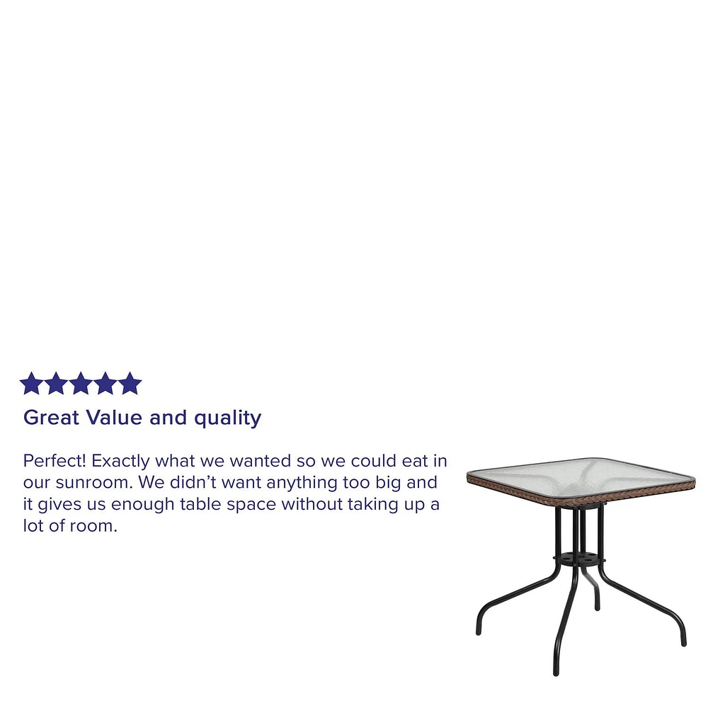 28'' Square Tempered Glass Metal Table with Black Rattan Edging
