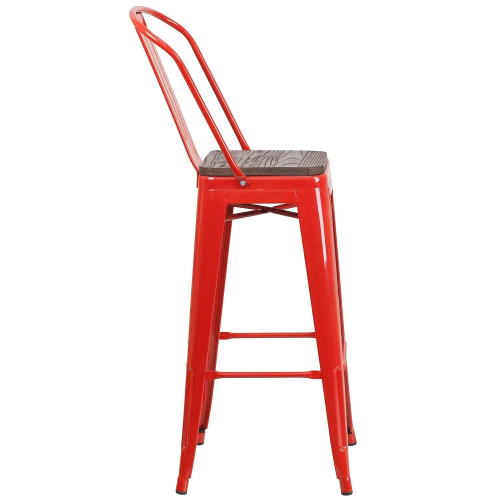 Lot de 4 pièces - Tabouret de bar de 30 po haut en métal rouge avec dossier et siège en bois