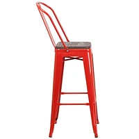 Lot de 4 pièces - Tabouret de bar de 30 po haut en métal rouge avec dossier et siège en bois