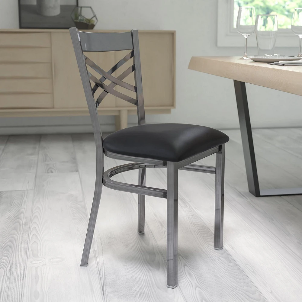 HERCULES Series Clear Coated ''X'' Back Metal Restaurant Chair - Black Vinyl Seat
