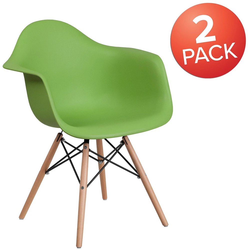 2 pièces Chaise de la série Alonza en plastique vert avec pattes en bois