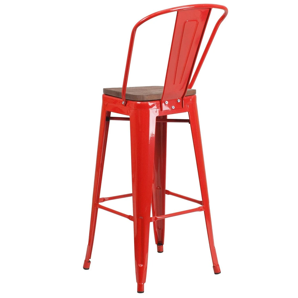 Lot de 4 pièces - Tabouret de bar de 30 po haut en métal rouge avec dossier et siège en bois