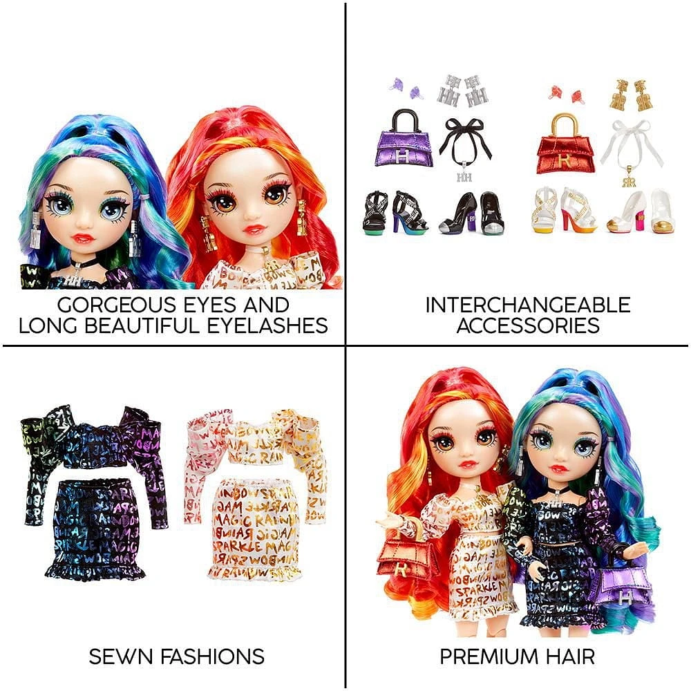 Poupées-mannequins Rainbow High de série spéciale, paquet de 2 jumelles, Laurel & Holly De'Vious –vêtues de tenues imprimées métallisées aux couleurs de l’arc-en-ciel avec accessoires de poupée – exce
