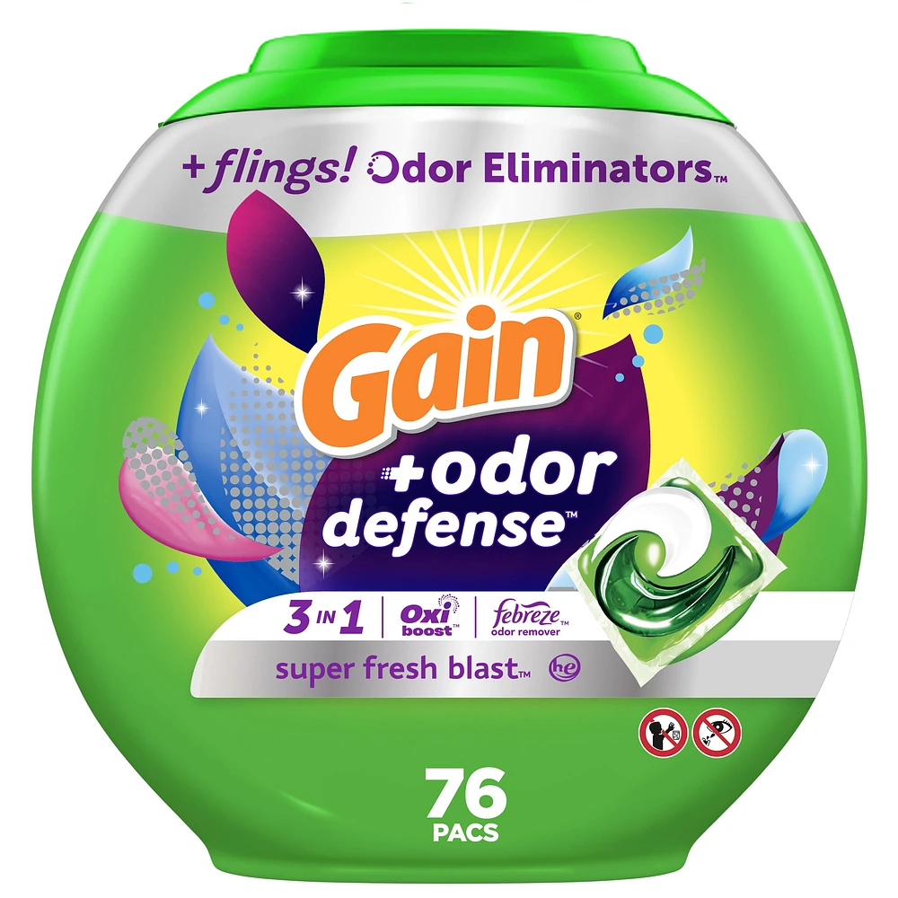 Capsules de détergent à lessive Gain Flings avec Odour Defense, capsules de détergent 3 en 1 avec Febreze et Oxi, parfum Explosion de fraîcheur, compatible avec les laveuses HE 76CT